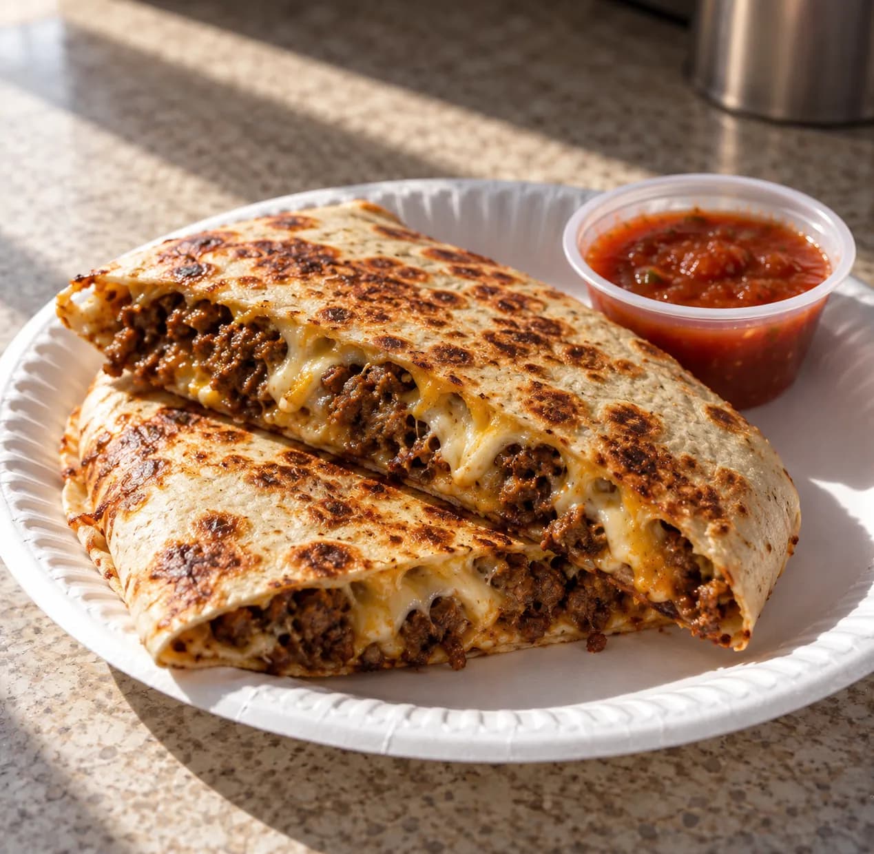 A griddled folded tortilla cut in half on a paper plate