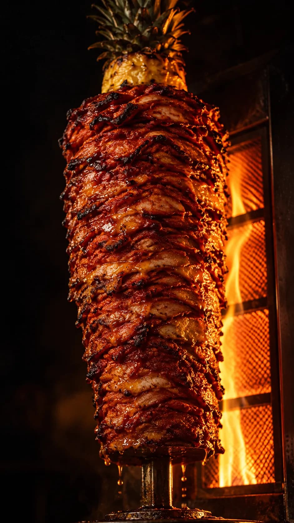 A vertical spit of stacked meat turning in front of a gas flame at night