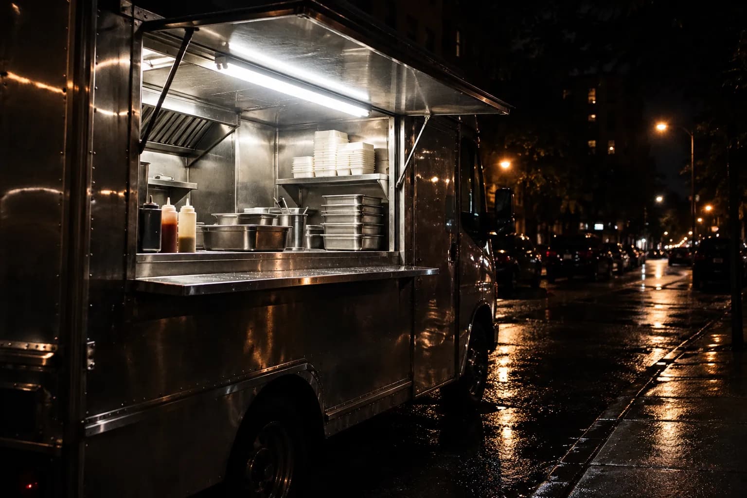 A food truck service window lit from inside on a dark street corner
