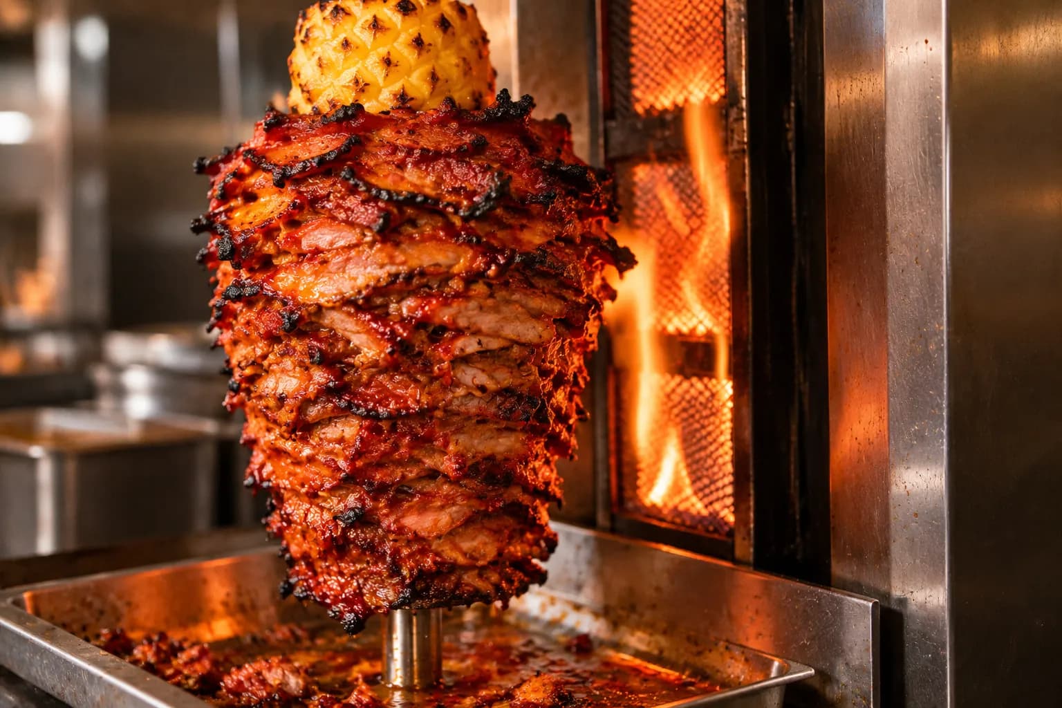 A vertical spit of marinated pork turning beside a gas flame with pineapple on top