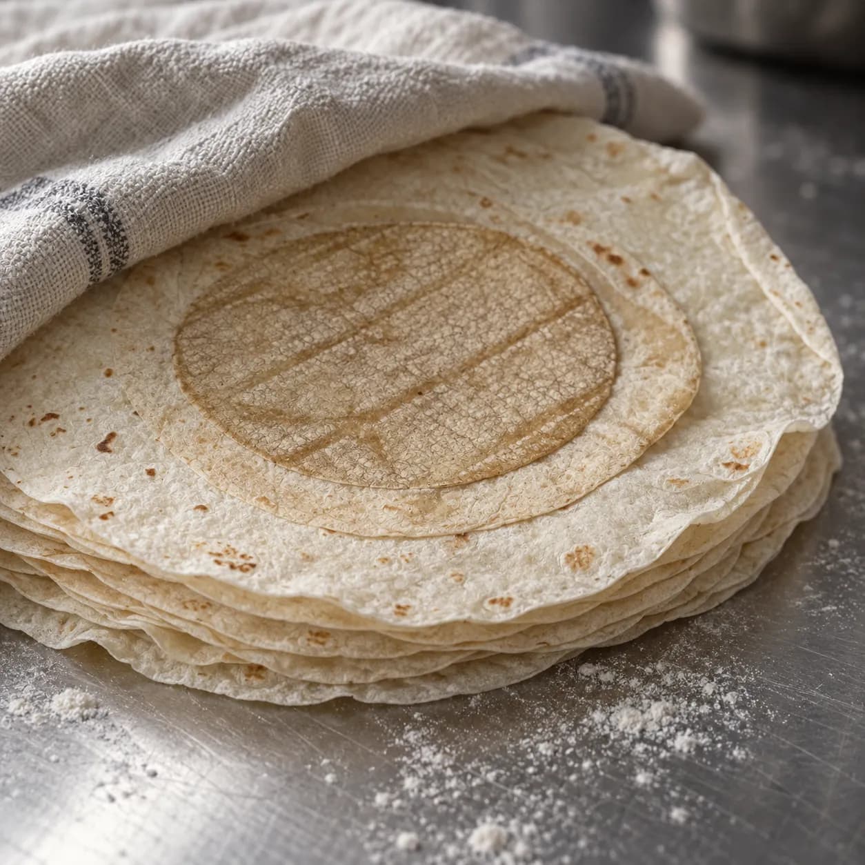 Thin flour tortillas stacked under a cloth on a steel work surface