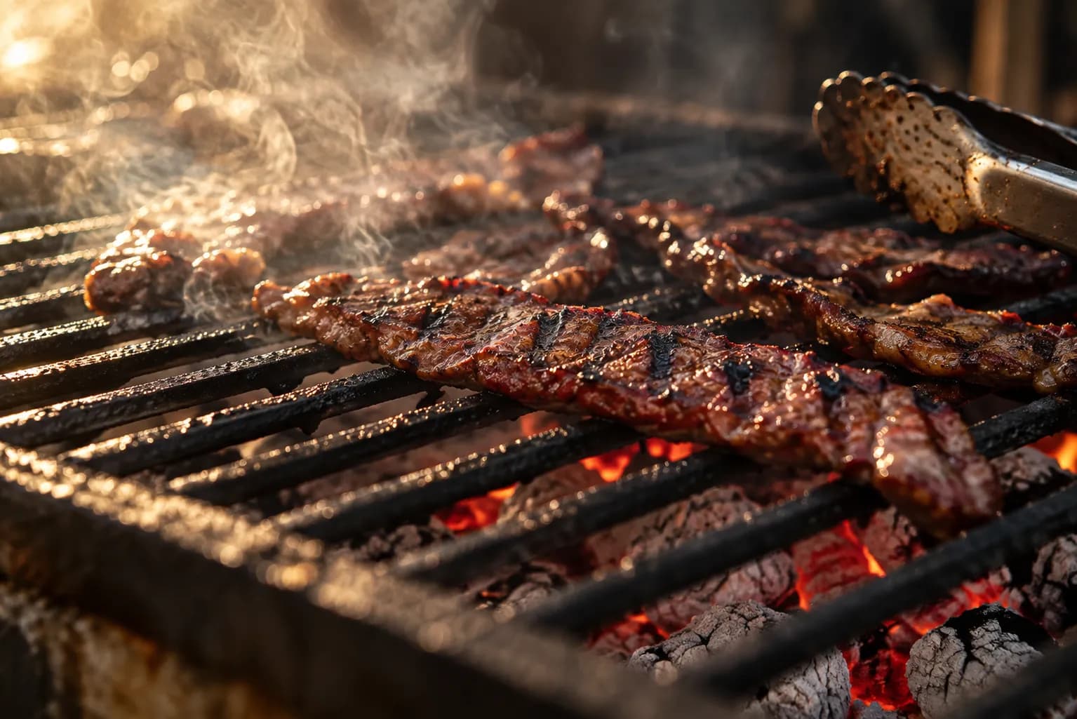 Strips of grilled beef resting on a charred metal grill grate