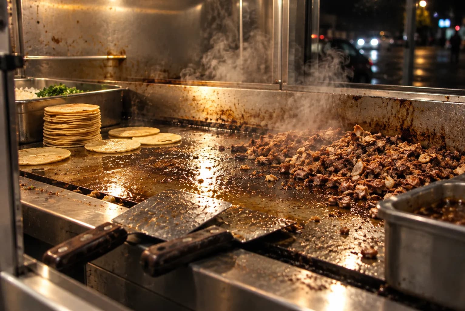 A steel taco griddle at night with meat pushed to the cooler edge