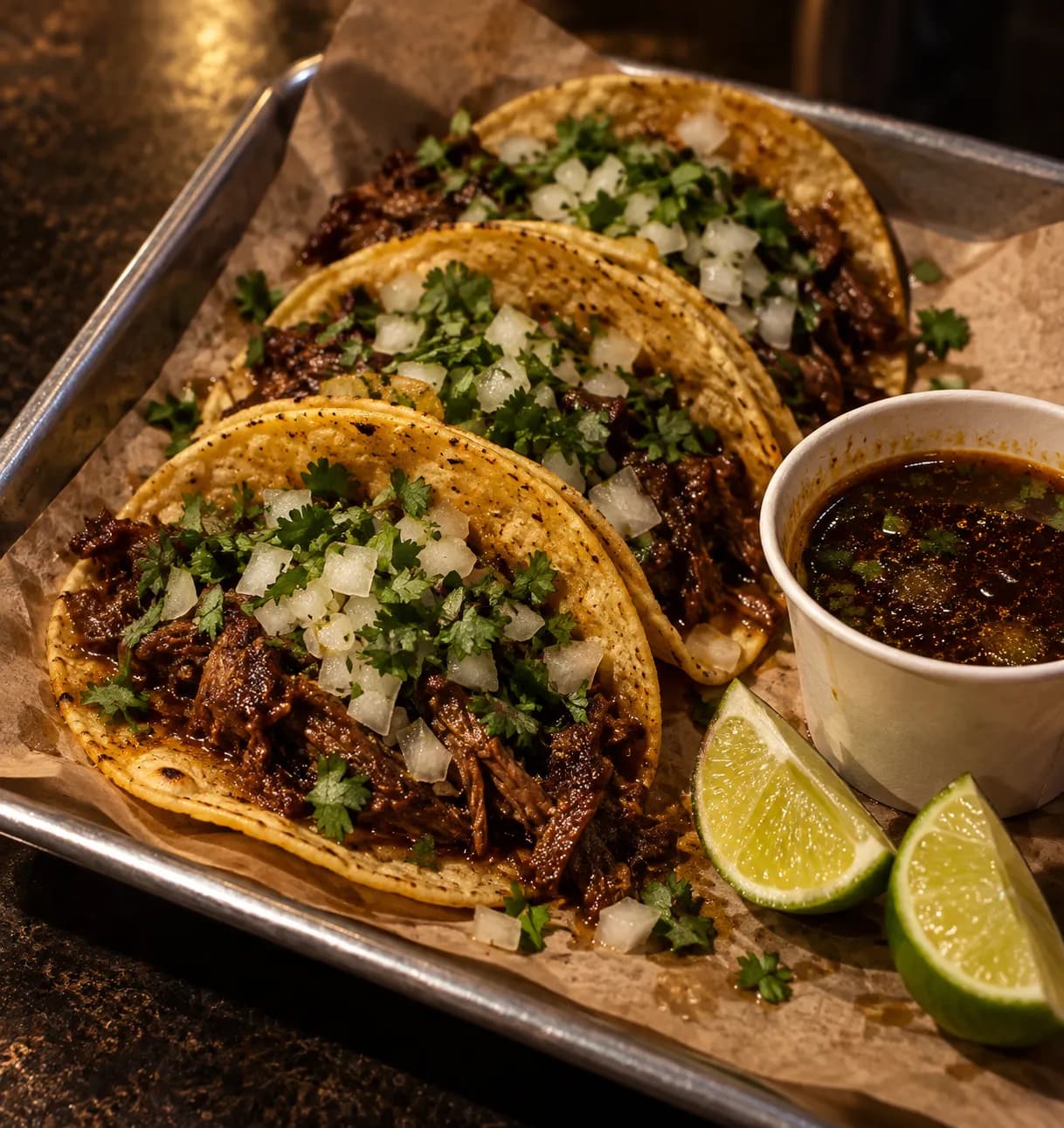 Three small corn tortilla tacos on a paper-lined tray with lime wedges