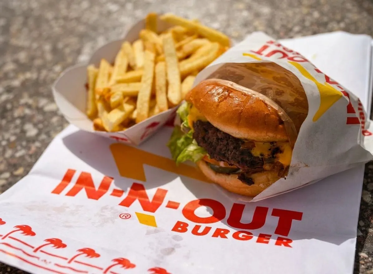 Burger, fries, and shake on a tray at a Los Angeles burger counter