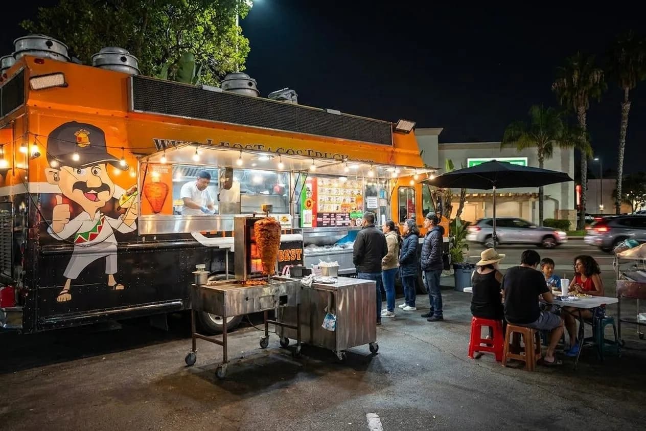 Late-night taco truck line glowing on a Los Angeles street