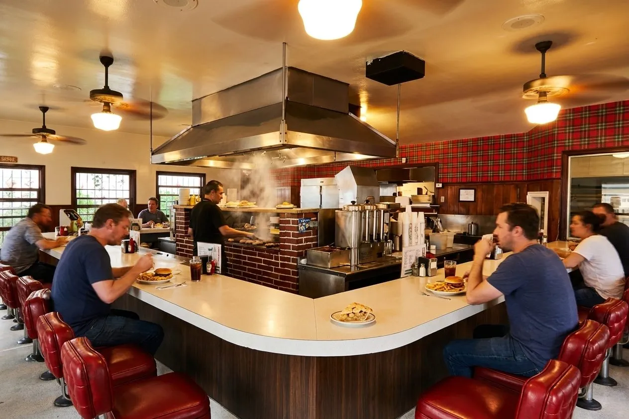 Classic LA diner counter with stools, burger plates, and pies behind glass