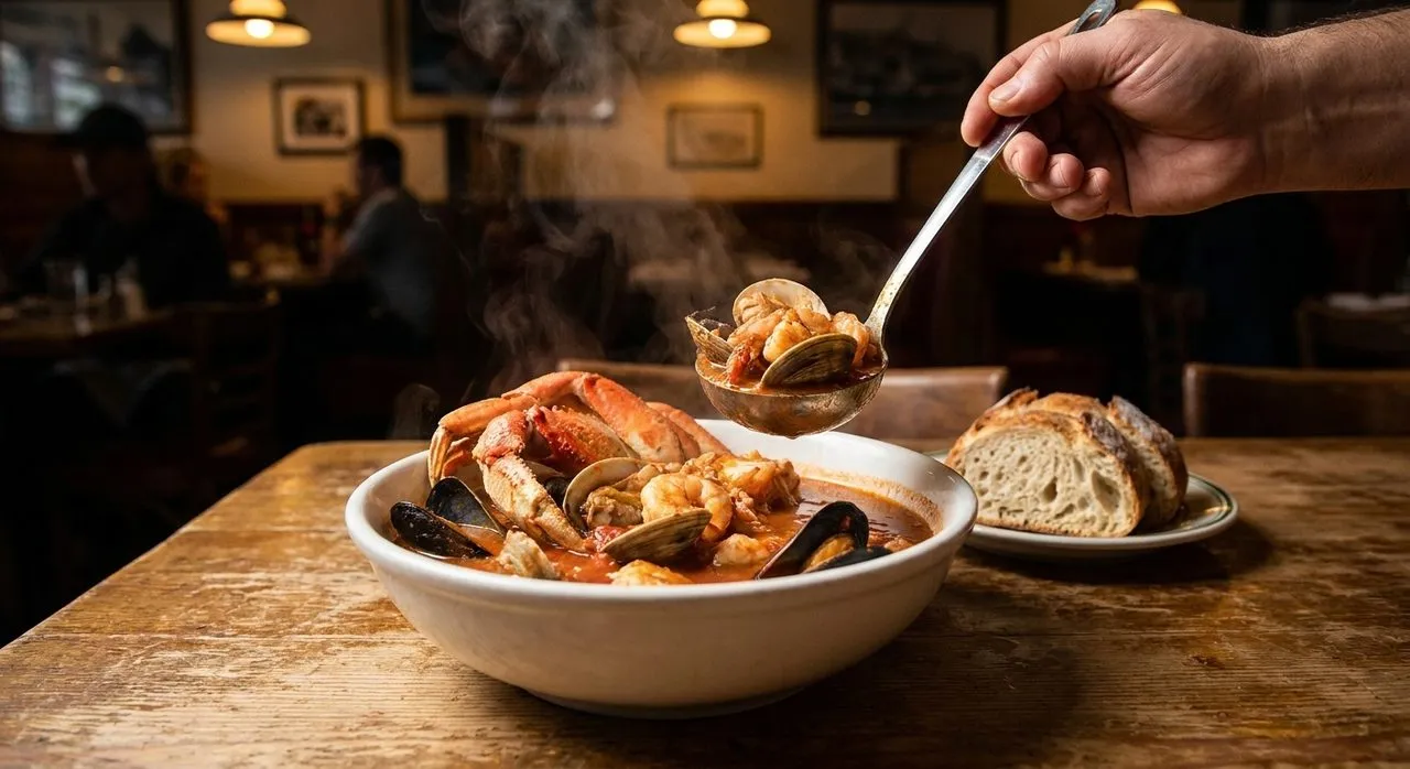 Steaming cioppino bowl with bread on a worn table