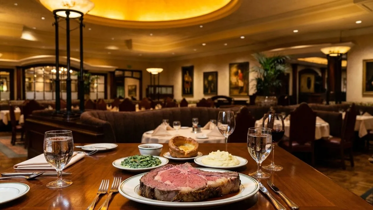 Prime rib dinner on a dimly lit Los Angeles steakhouse table.