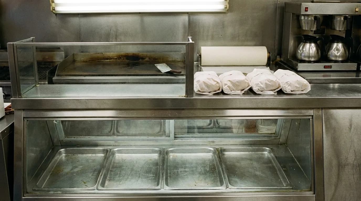 A corner shop counter with a hot griddle behind glass and a stack of paper-wrapped orders