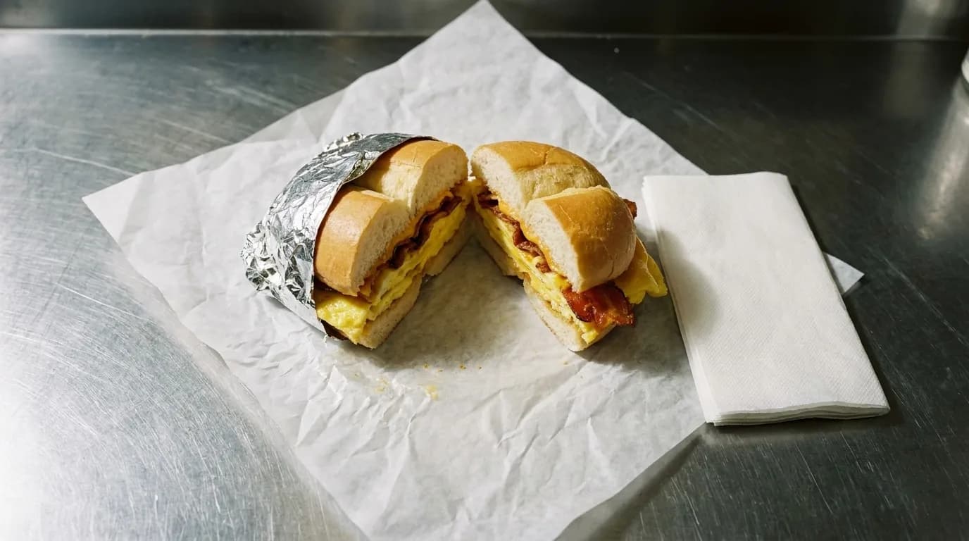 A foil-wrapped sandwich cut in half on deli paper beside a napkin on a metal counter