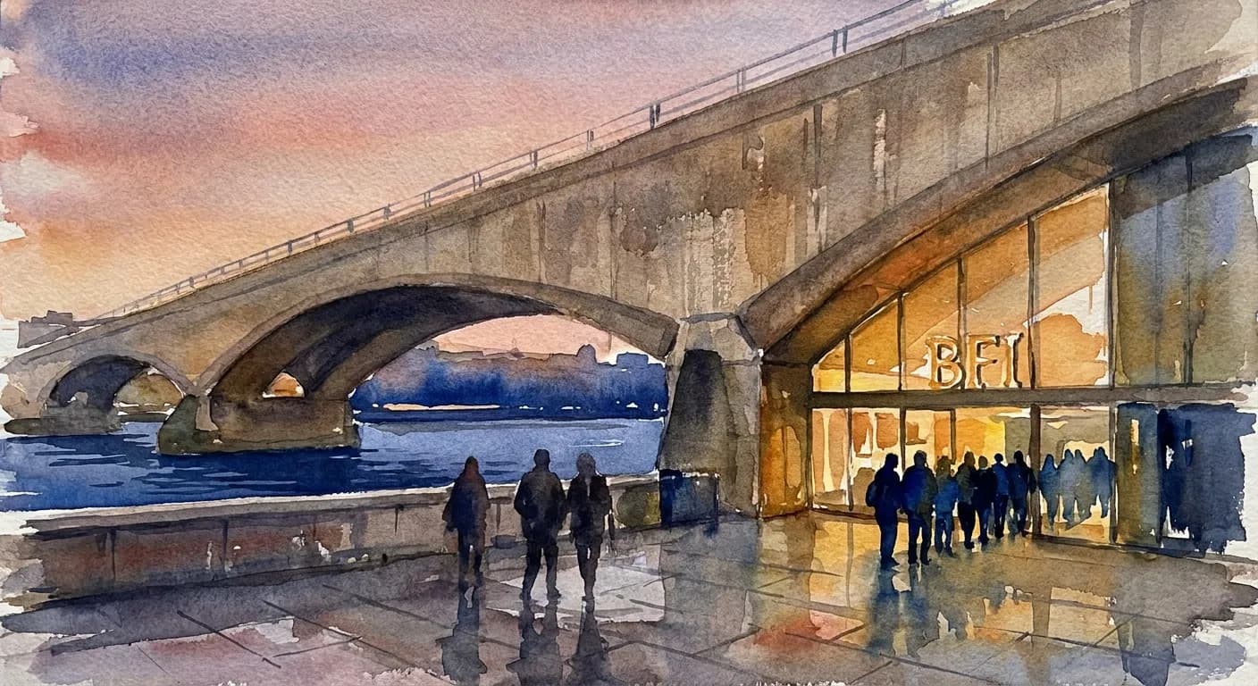 AI-generated watercolor: exterior of the BFI Southbank under the Waterloo Bridge in London on a May evening, the Brutalist concrete archways rendered impressionistically with warm ochre lighting glowing from inside the cinemas, the Thames embankment in the foreground as a dark cobalt band, three or four pedestrians as pure dark silhouettes walking under the bridge or queuing at the BFI entrance, the lit BFI signage as warm ochre marks, dusty pink twilight sky