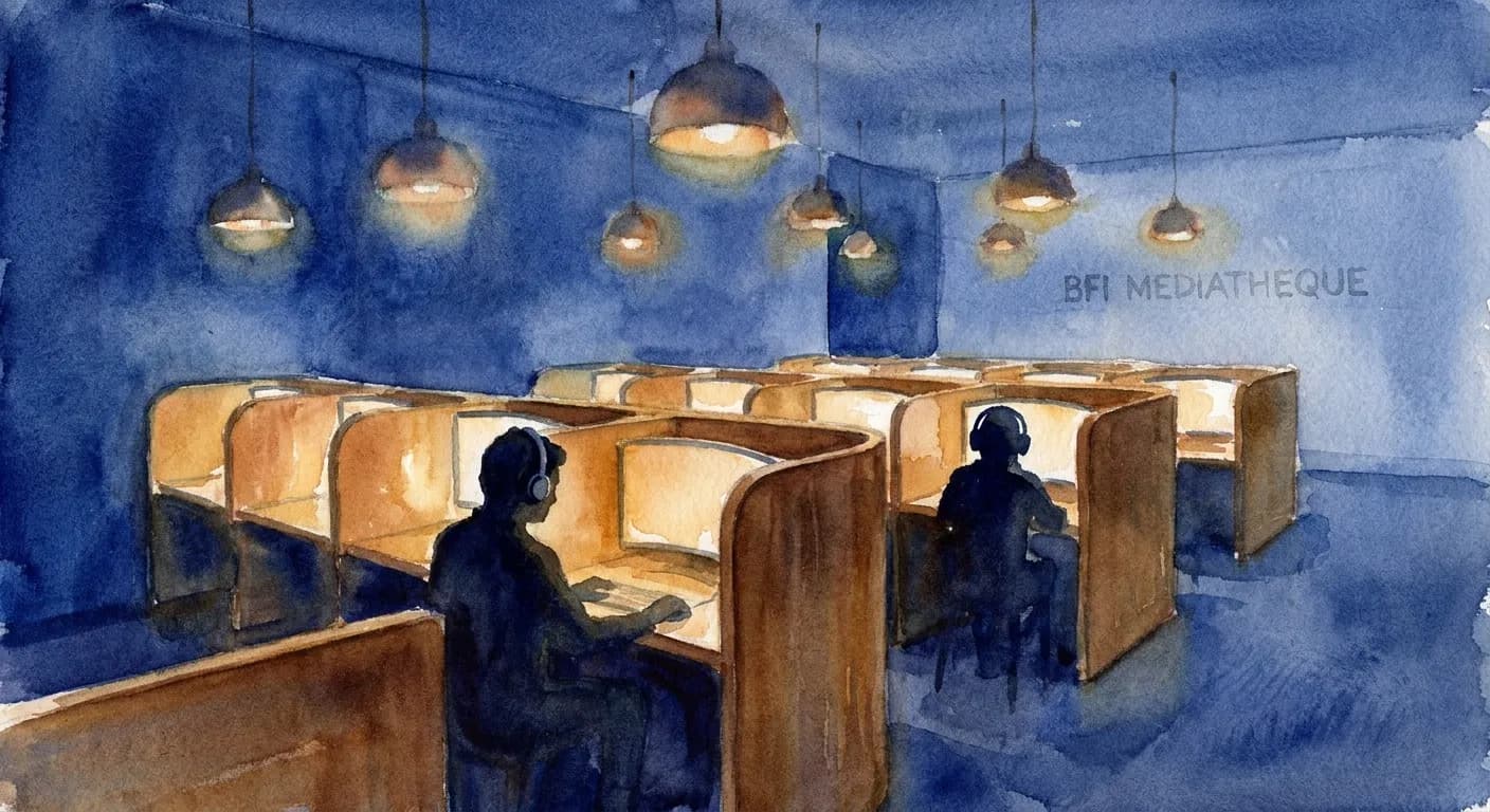 AI-generated watercolor: interior of the BFI Mediatheque media library in London, rows of individual viewing booths with small screens glowing warm ochre in a dim cobalt-lit room rendered impressionistically, two or three visitors as pure dark silhouettes seated at the booths with headphones, soft warm pendant lighting overhead, hushed library atmosphere, watercolor brush strokes
