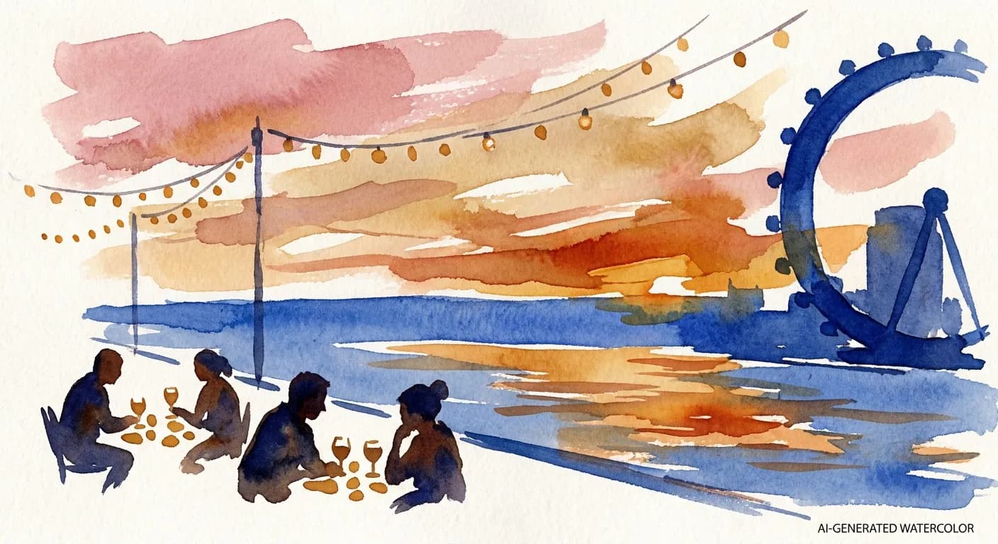 AI-generated watercolor: the BFI Riverfront cafe terrace on the Southbank in London at golden hour, small round cafe tables with glasses of wine as warm ochre dots, the Thames river in the background rendered as a wide horizontal cobalt band reflecting sunset, the silhouette of the London Eye visible in the distance as a deep cobalt curve, four or five patrons as pure dark silhouettes seated at tables in animated conversation, warm pendant string lights as ochre dots, dusty pink sky