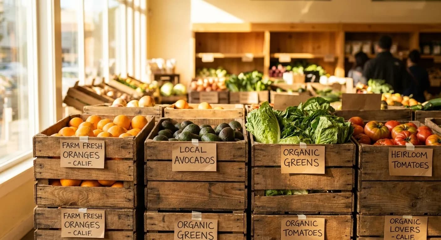 Farm-labeled wooden crates filled with fresh California produce inside a neighborhood grocery