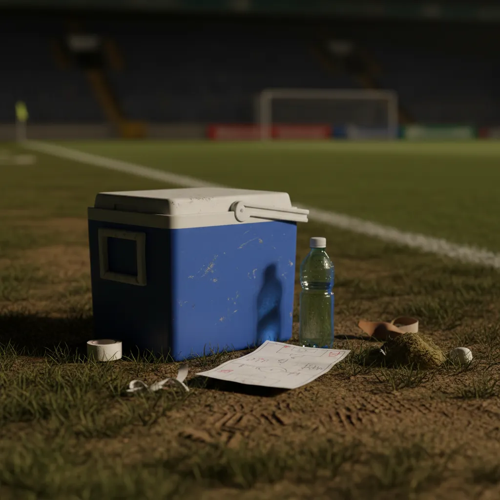 Chaotic touchline still-life with overturned cooler and tactical sheets representing Bielsa's style
