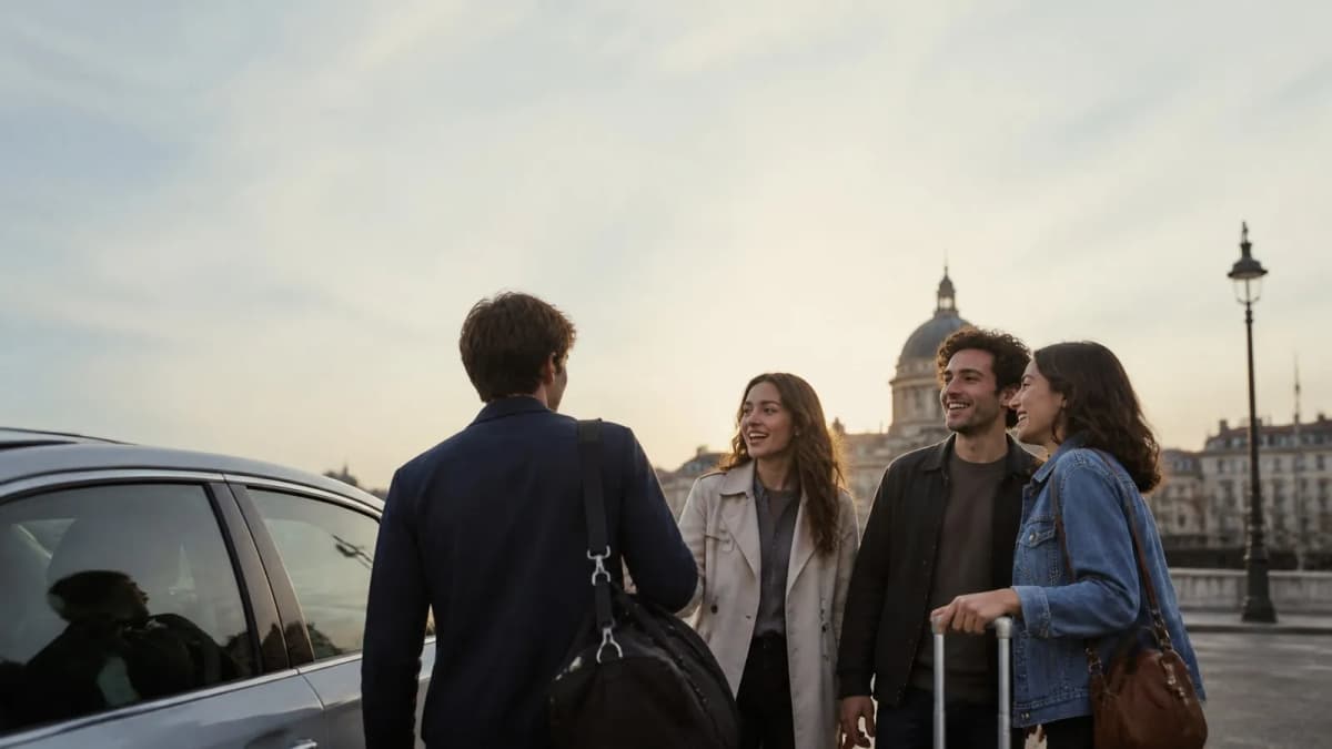 Photorealistic real-world decision scene showing when to choose Karpo or BlaBlaCar.