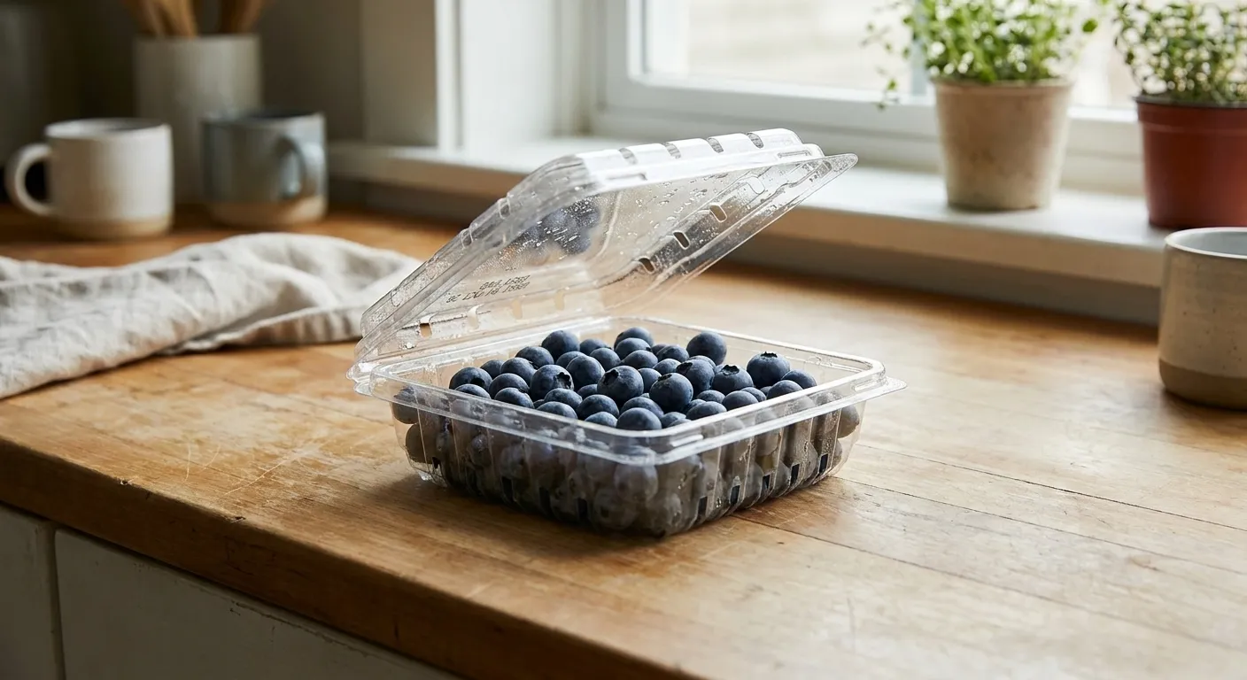 Plastic clamshell container of fresh blueberries with visible date code stamp on morning kitchen counter