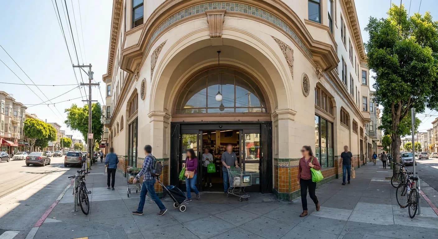 Rainbow Grocery Cooperative storefront at 13th and Folsom Street with customers entering through main entrance