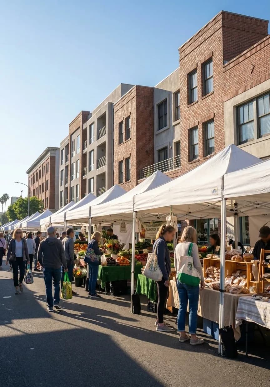 Arizona Avenue in Santa Monica with white vendor tents lining the street during the weekly farmers market, shoppers browsing produce stands under morning light