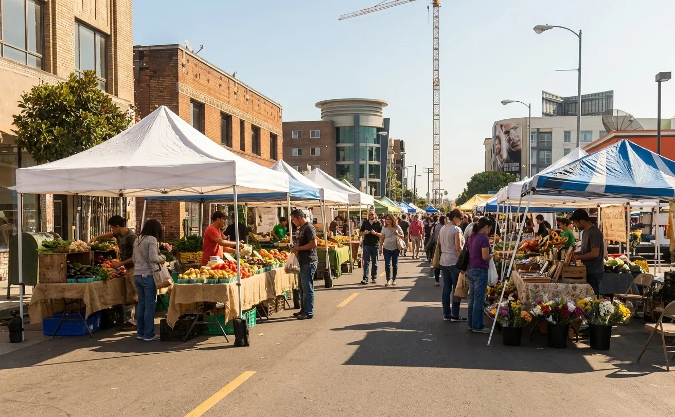 Corner of Ivar and Selma Avenues in Hollywood with farmers market vendor tents set up along the street, historic buildings visible in background