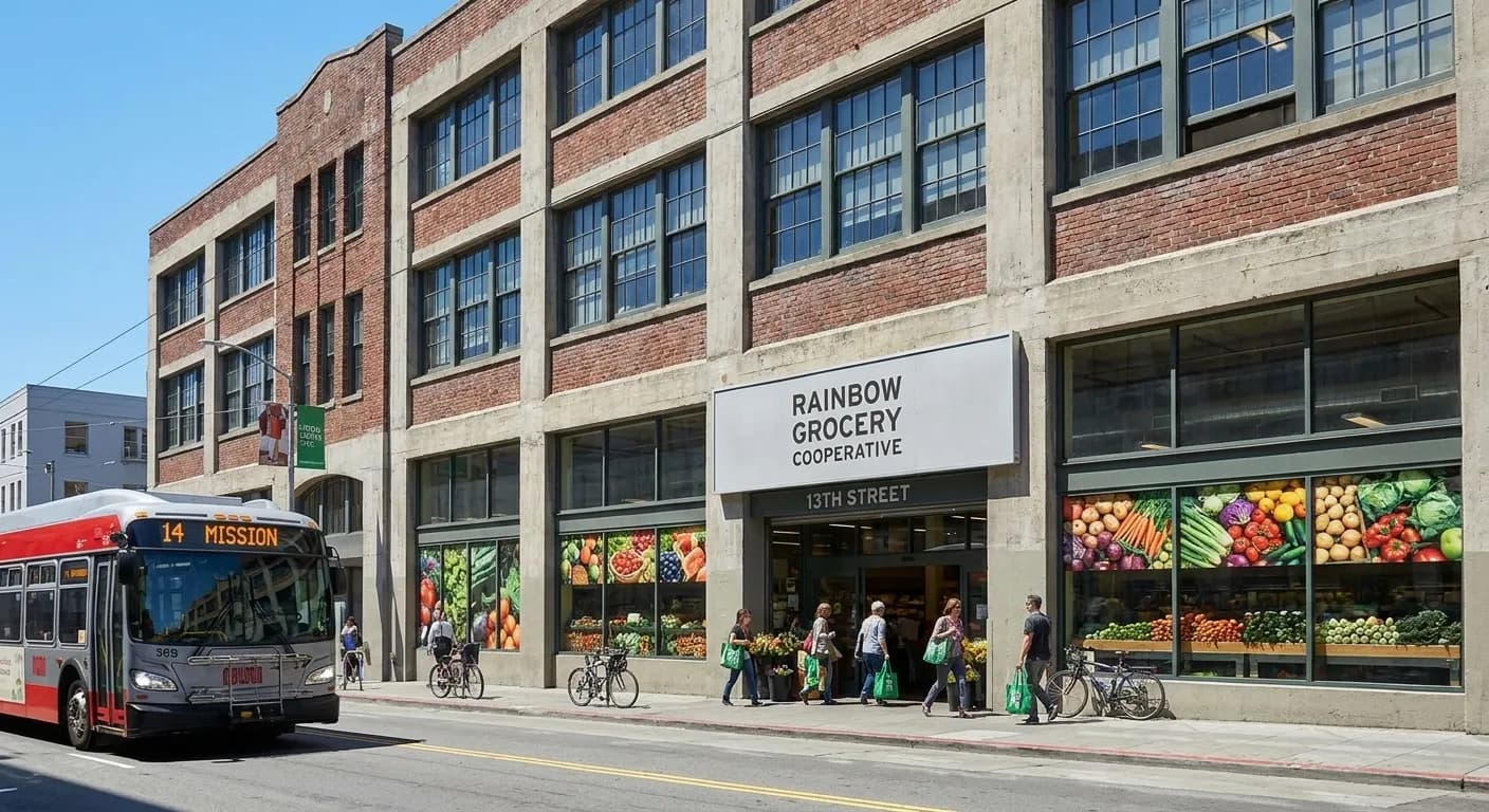 Rainbow Grocery Cooperative storefront on Folsom Street in SoMa with produce displays visible through windows