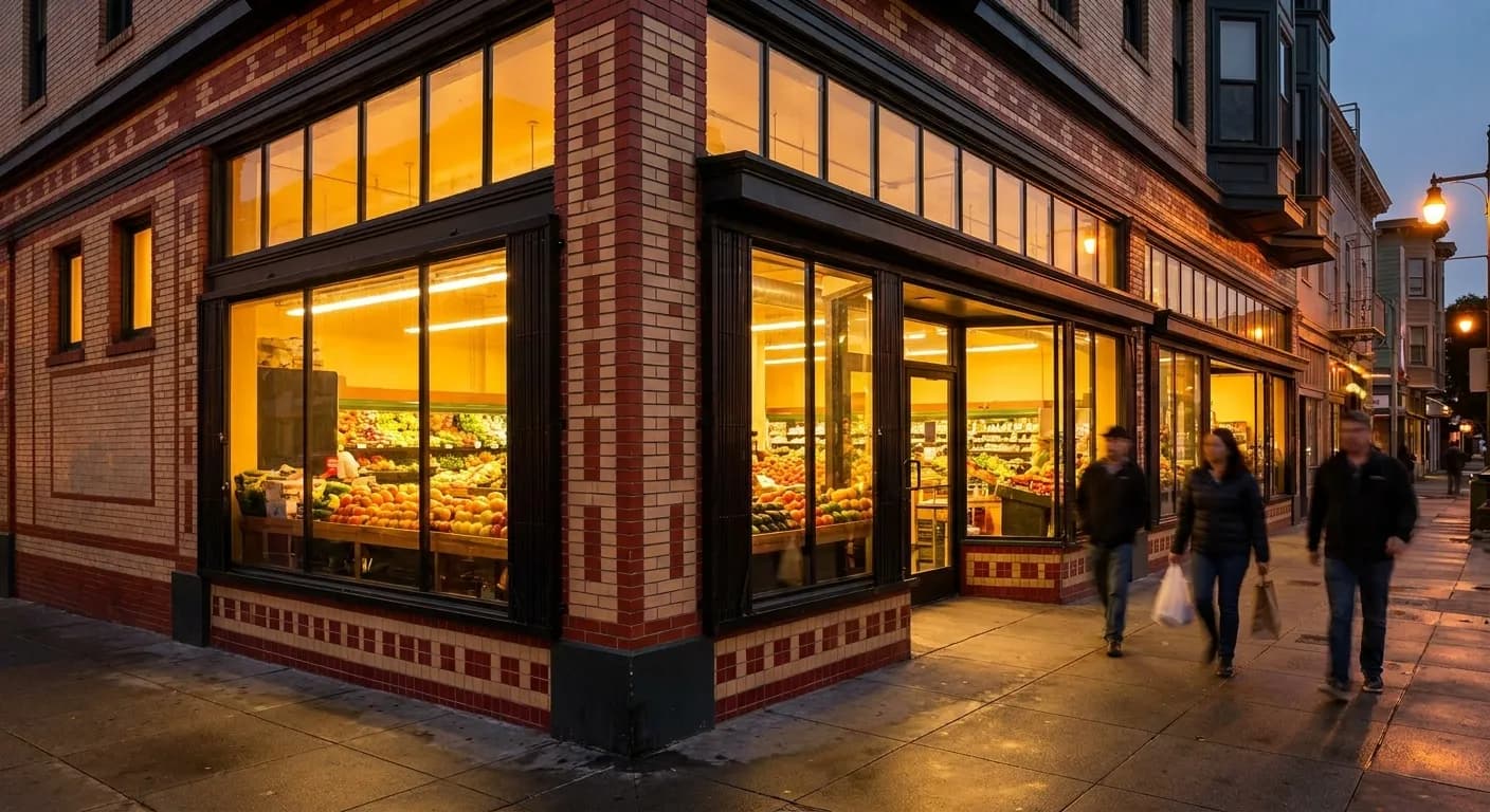 Gus's Community Market corner storefront at 17th and Harrison at dusk with interior lights glowing