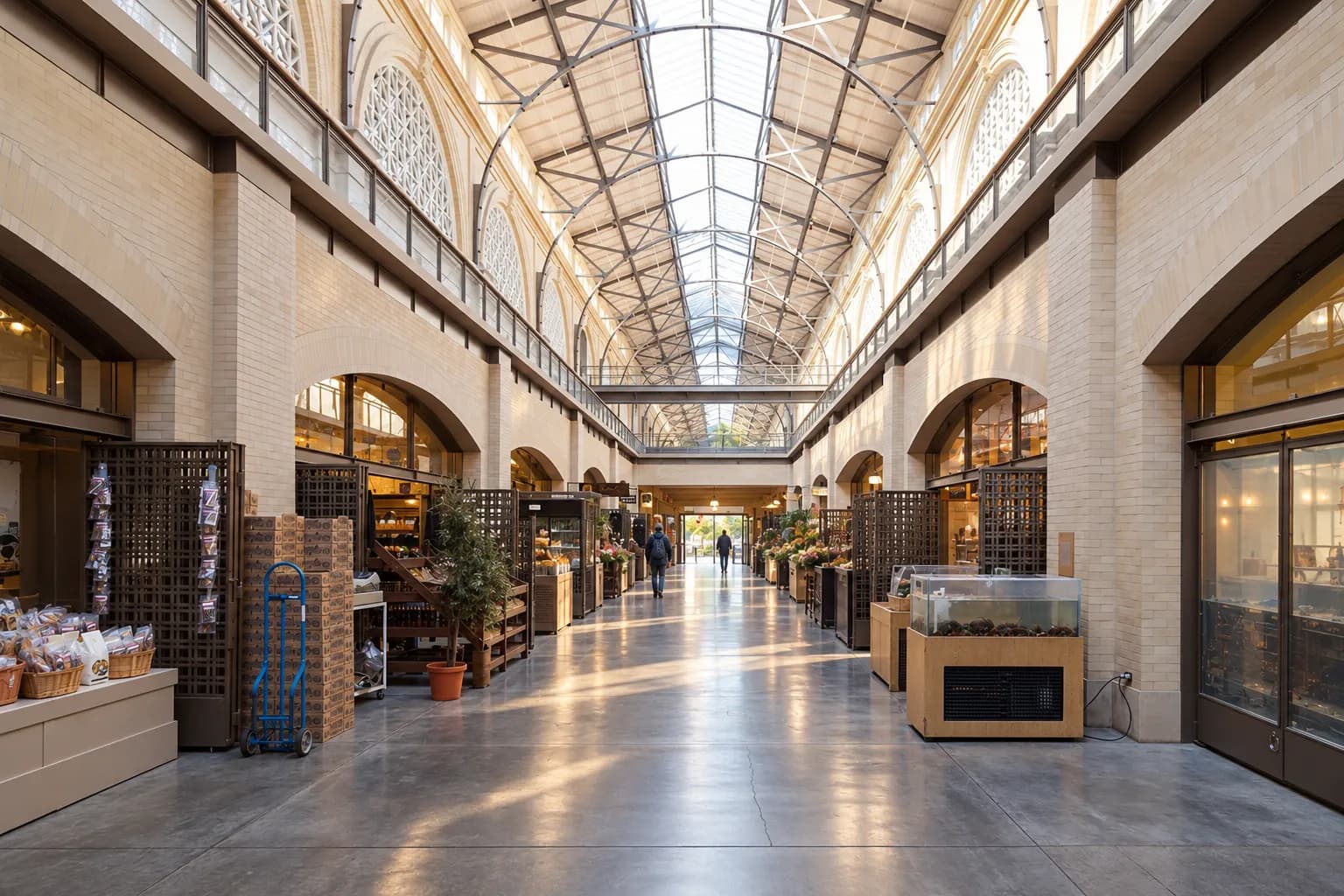 Long interior nave of a historic market building with a steel-trussed roof, clerestory glazing, tiled floor and arcaded shopfronts down both sides