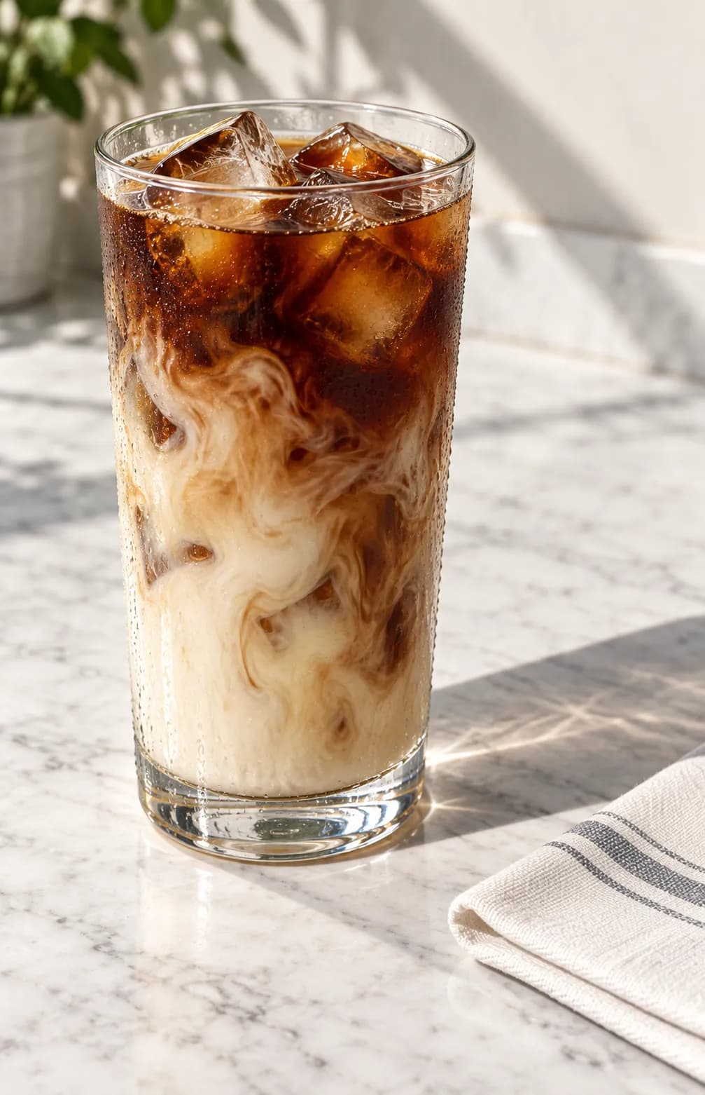 Tall glass of iced coffee cut with milk, condensation beading on the glass and ice visible through the layered liquid on a pale marble counter