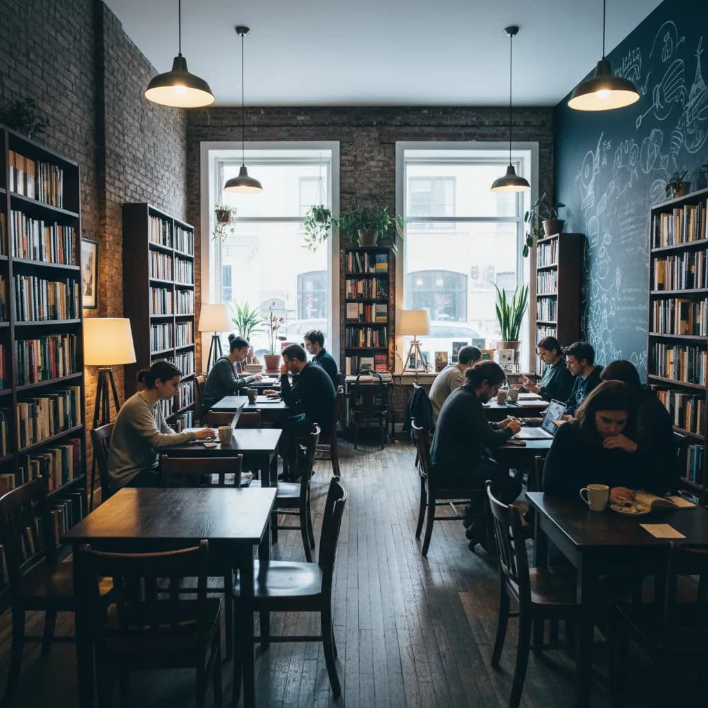 Editorial-style realistic scene inspired by Bluestockings Cooperative in New York.