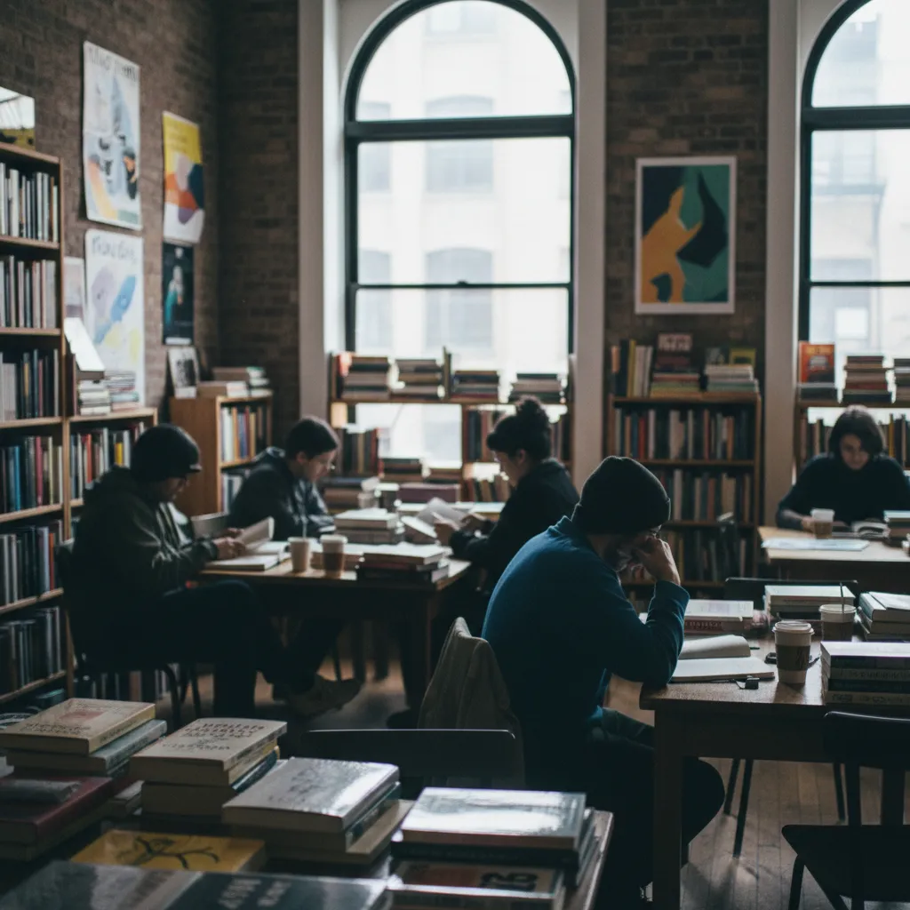 Editorial-style detail scene for Bluestockings Cooperative in New York.