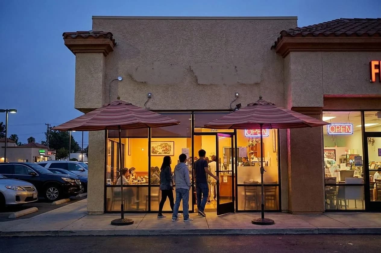 A glowing San Gabriel Valley tea storefront at dusk with parked cars and strip-mall signage