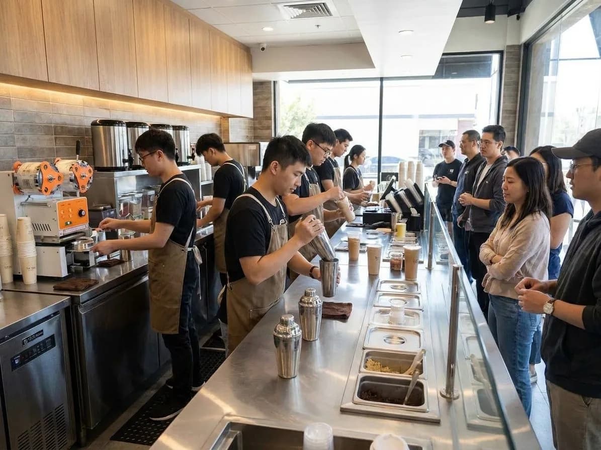 A busy tea counter with cups, prep tools, and a short line in the background
