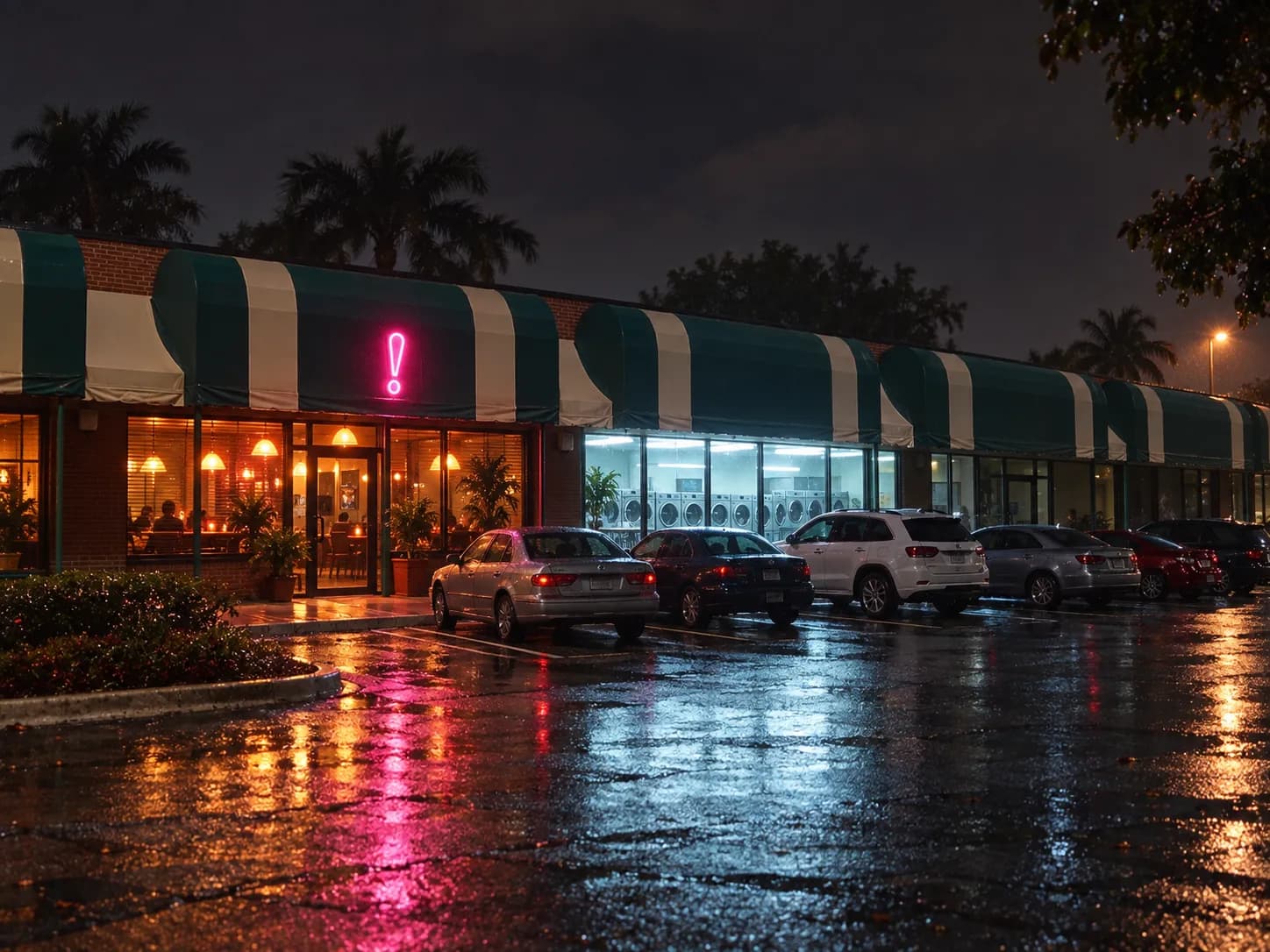 A small restaurant front in a low strip mall at night, a pink neon exclamation mark glowing above the door beside a laundromat with fluorescent light inside