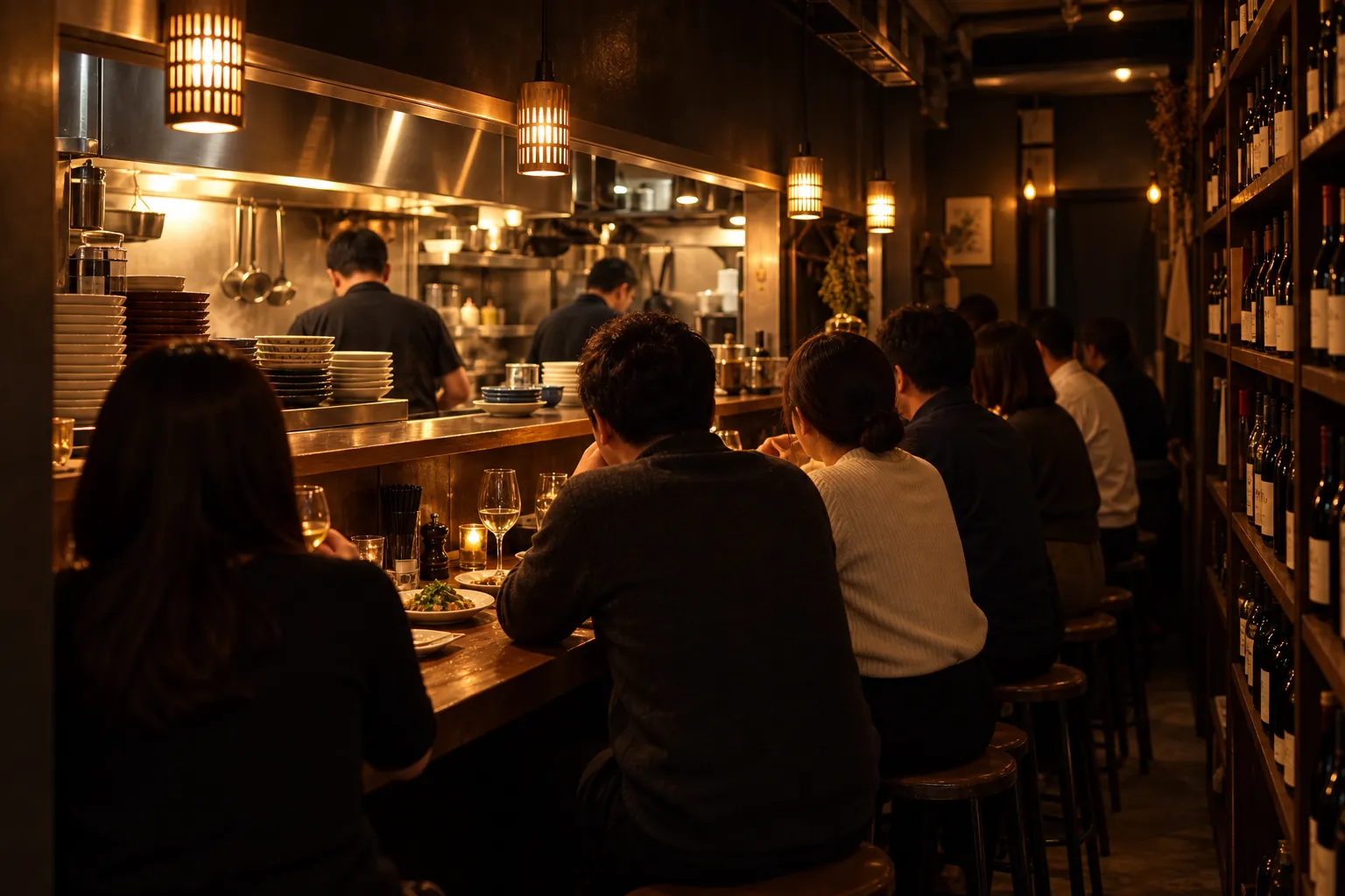 The narrow interior of a tiny restaurant: a short counter facing an open kitchen, a handful of stools and shelves of wine bottles