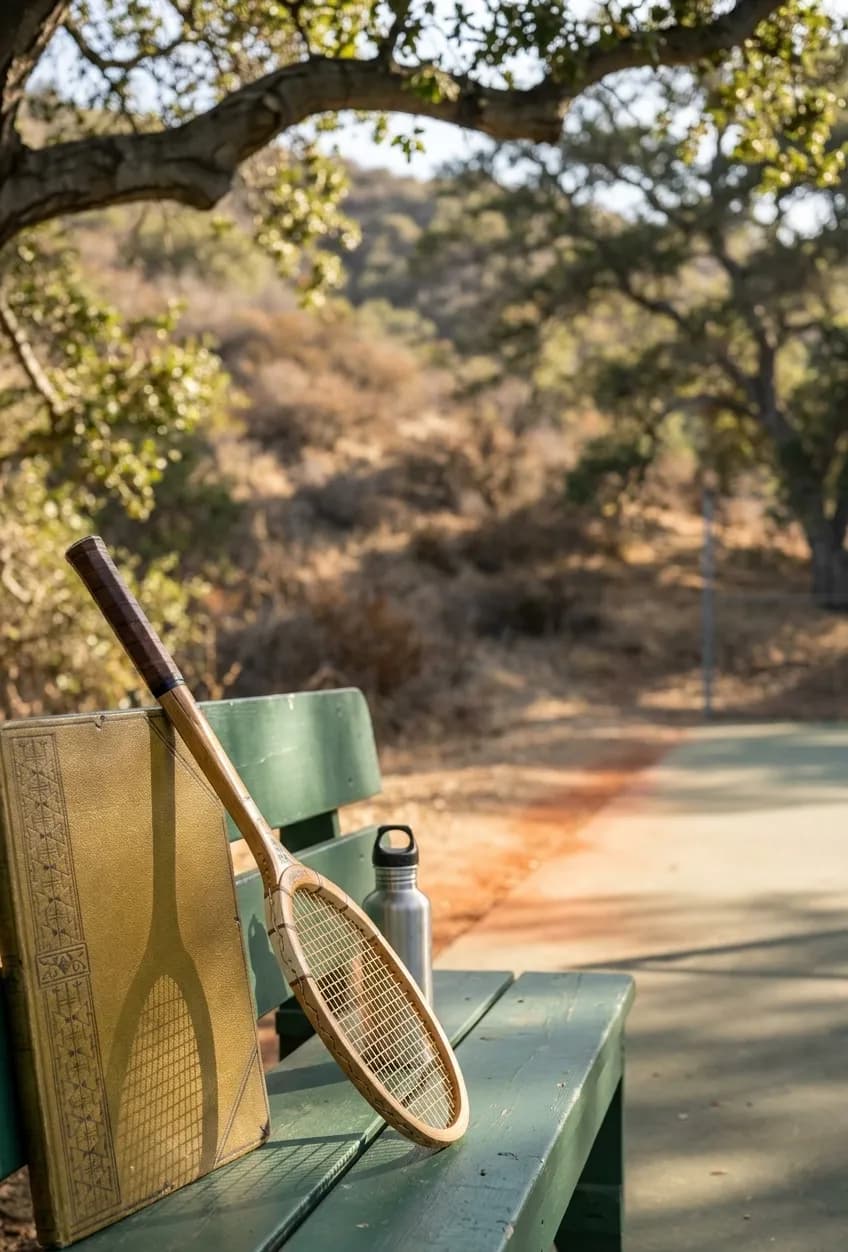 Tennis racket and water bottle resting on a green courtside bench with canyon oaks blurred in the background