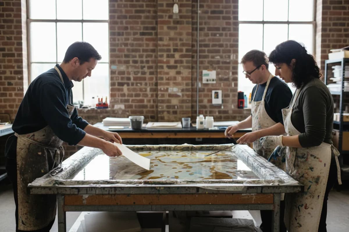 Collaborative printing session in a working New York book-arts studio