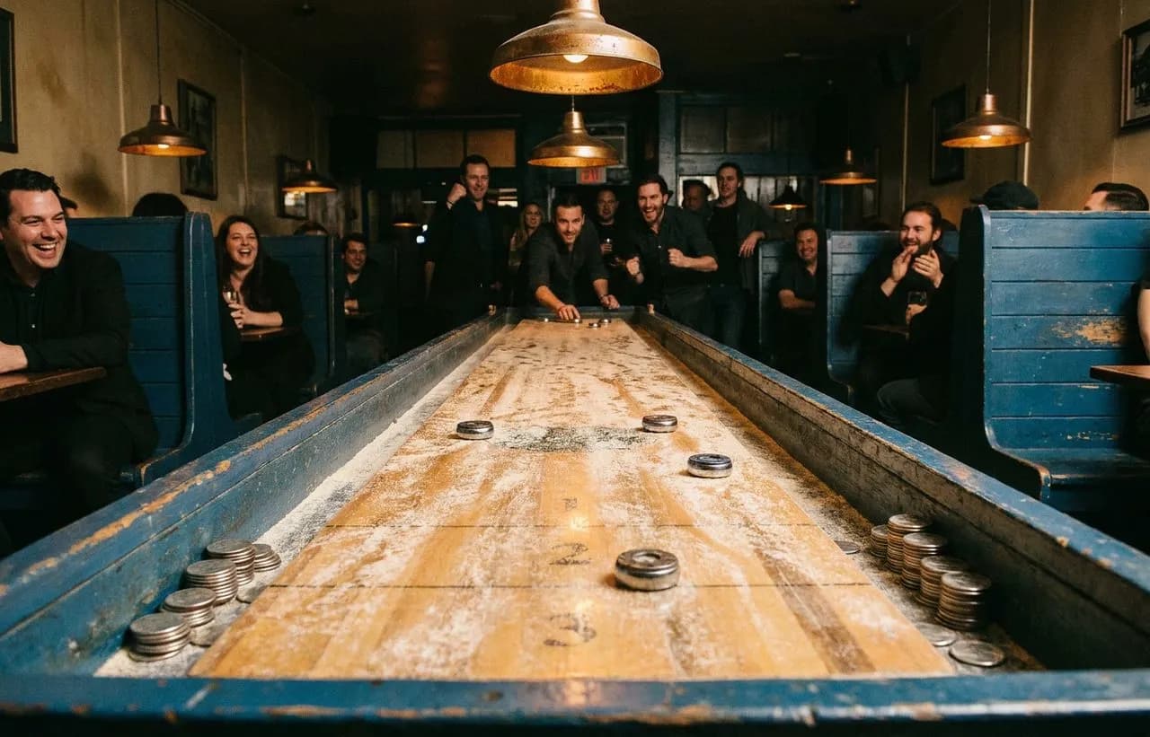 Booth at Grassroots Tavern where the shuffleboard table runs the length of the room and quarters stack on the rail