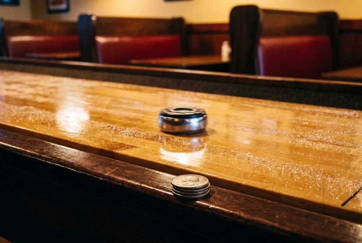 Booth at Grassroots Tavern where the shuffleboard table runs the length of the room and quarters stack on the rail