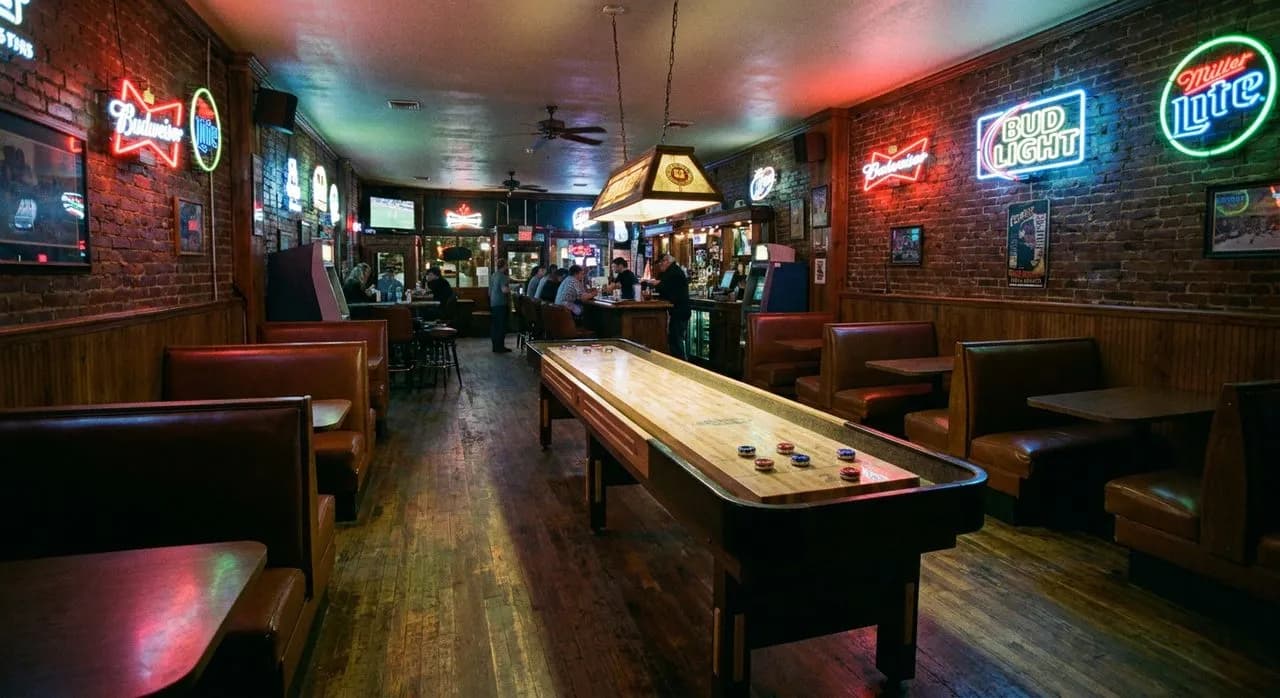 Booth at Grassroots Tavern where the shuffleboard table runs the length of the room and quarters stack on the rail