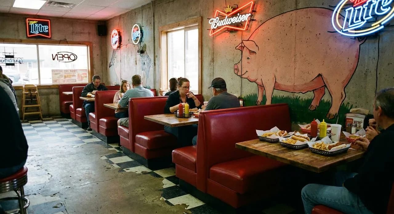 Booths at Rudy's Bar & Grill where the free hot dogs arrive unannounced and the pig mural watches