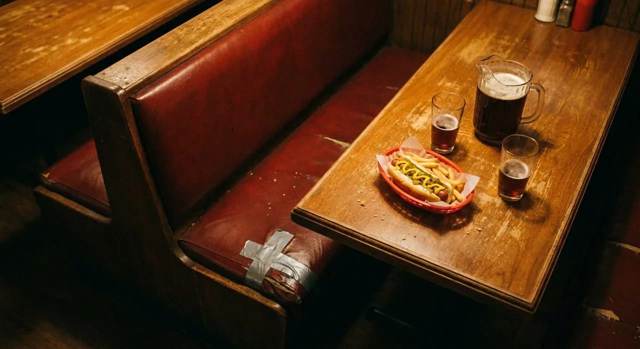 Booths at Rudy's Bar & Grill where the free hot dogs arrive unannounced and the pig mural watches