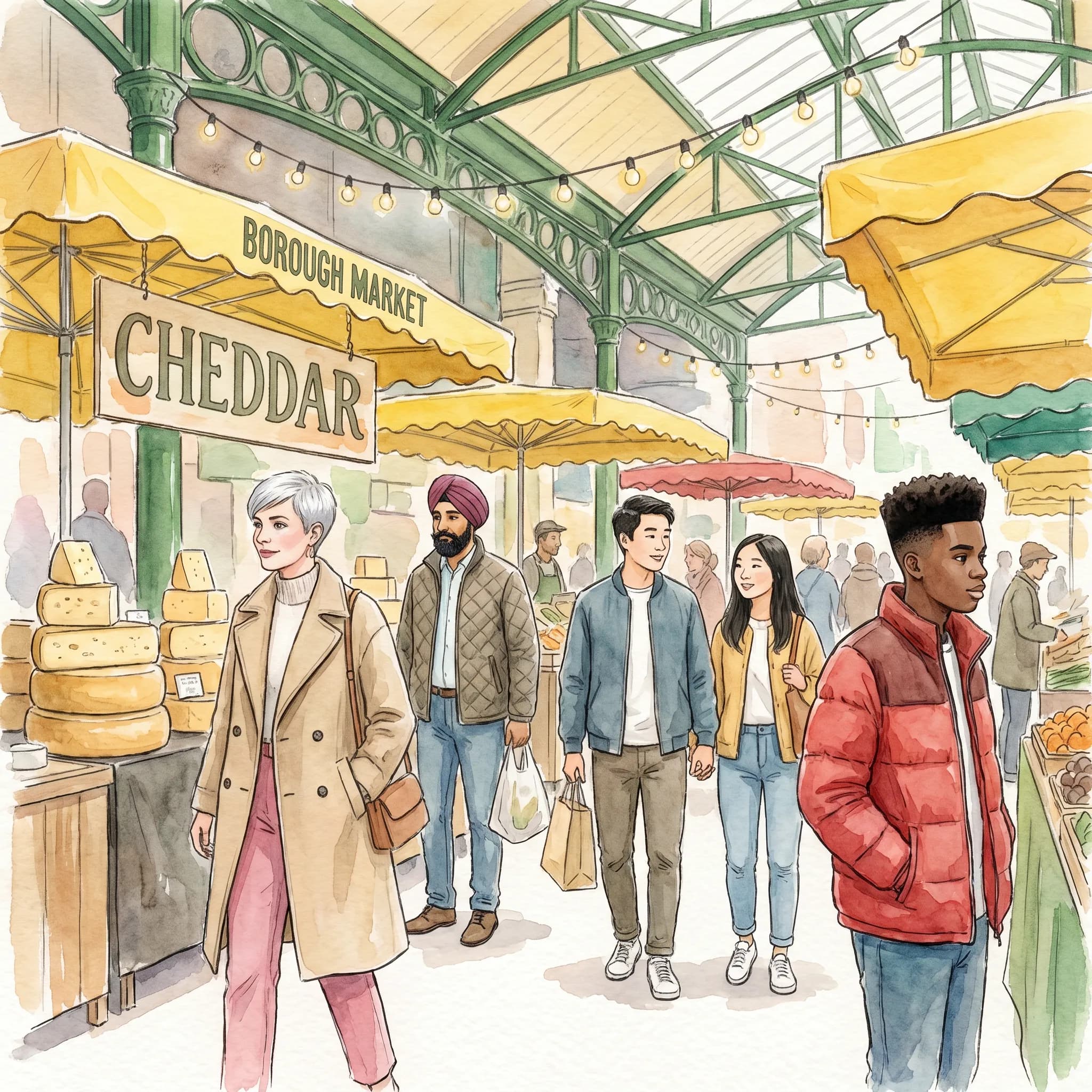 Borough Market in the late afternoon — wooden stalls under the green iron framework, crates of produce, a cheesemonger in conversation with a customer