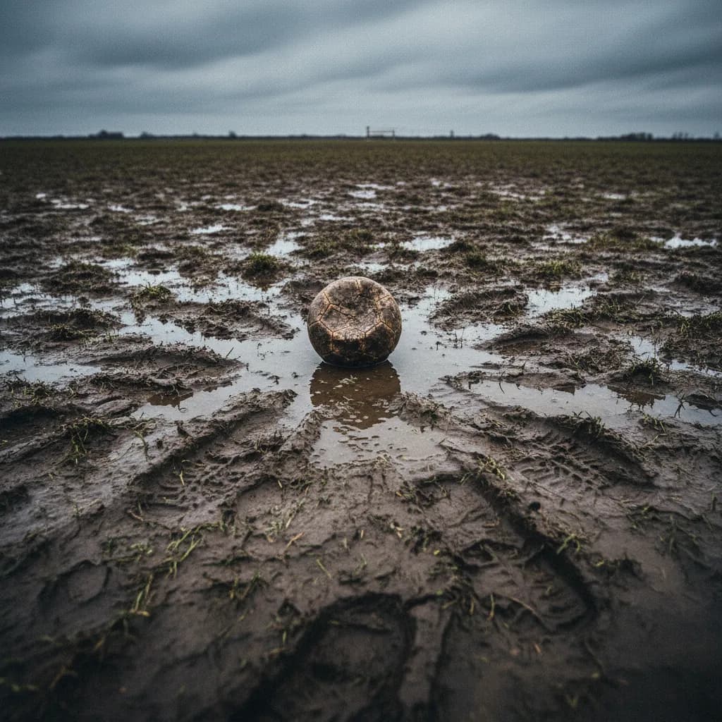Worn football in muddy penalty area with boot prints