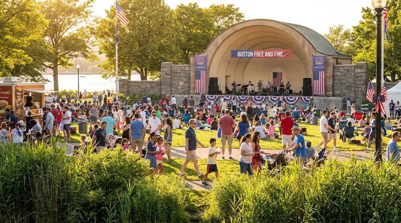 Visitors relaxing on the grassy lawn of the Charles River Esplanade with the Hatch Shell bandstand and Boston skyline in the background