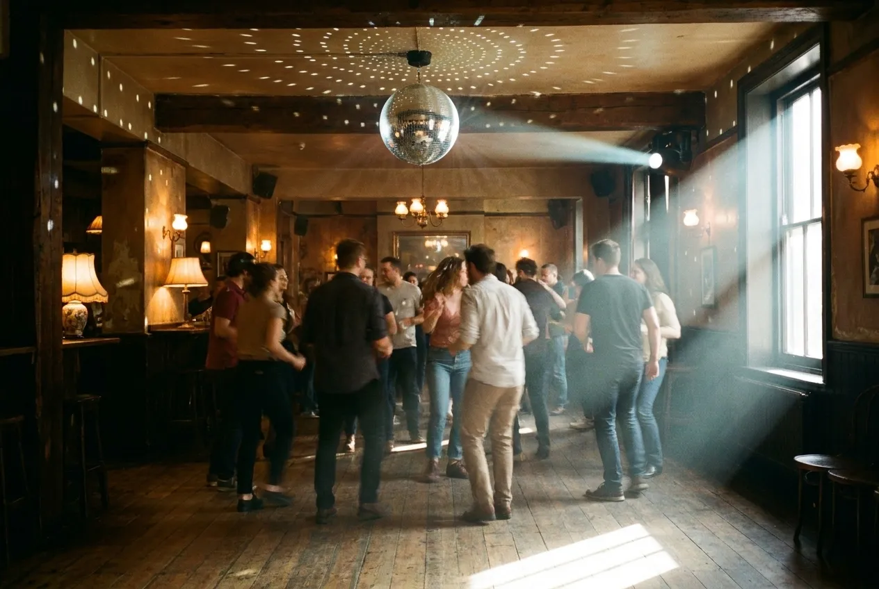 A dim bar room with people dancing and a mirror ball catching light