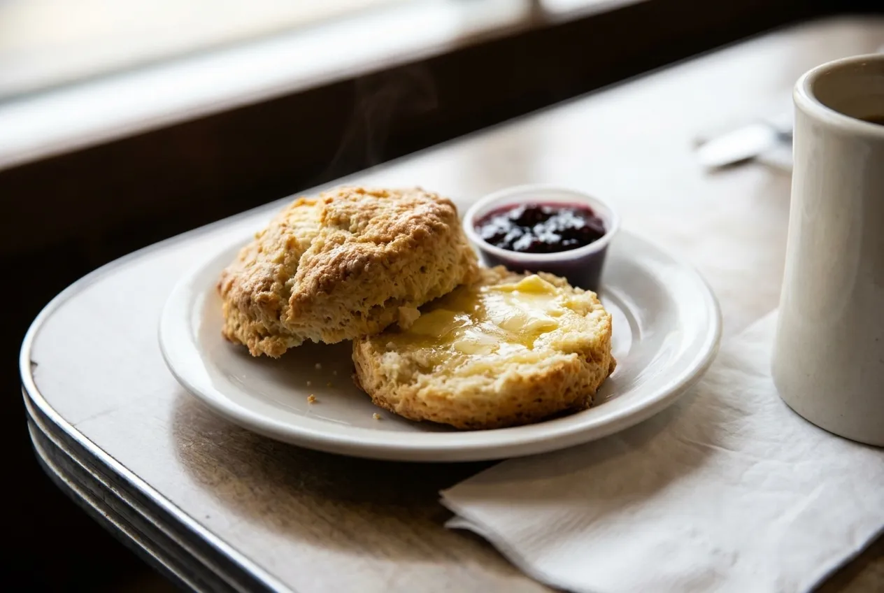 A warm split scone with butter and jam on a small white plate