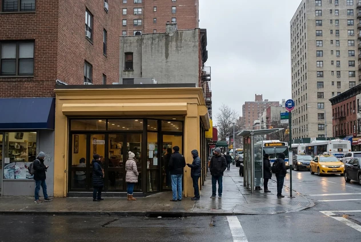 A corner restaurant on a busy city street with people waiting outside in morning light
