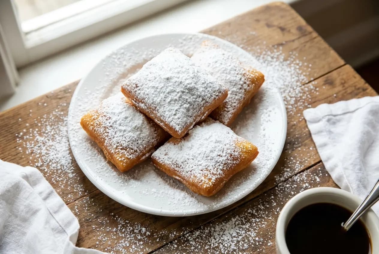 Four square beignets under heavy powdered sugar on a white plate