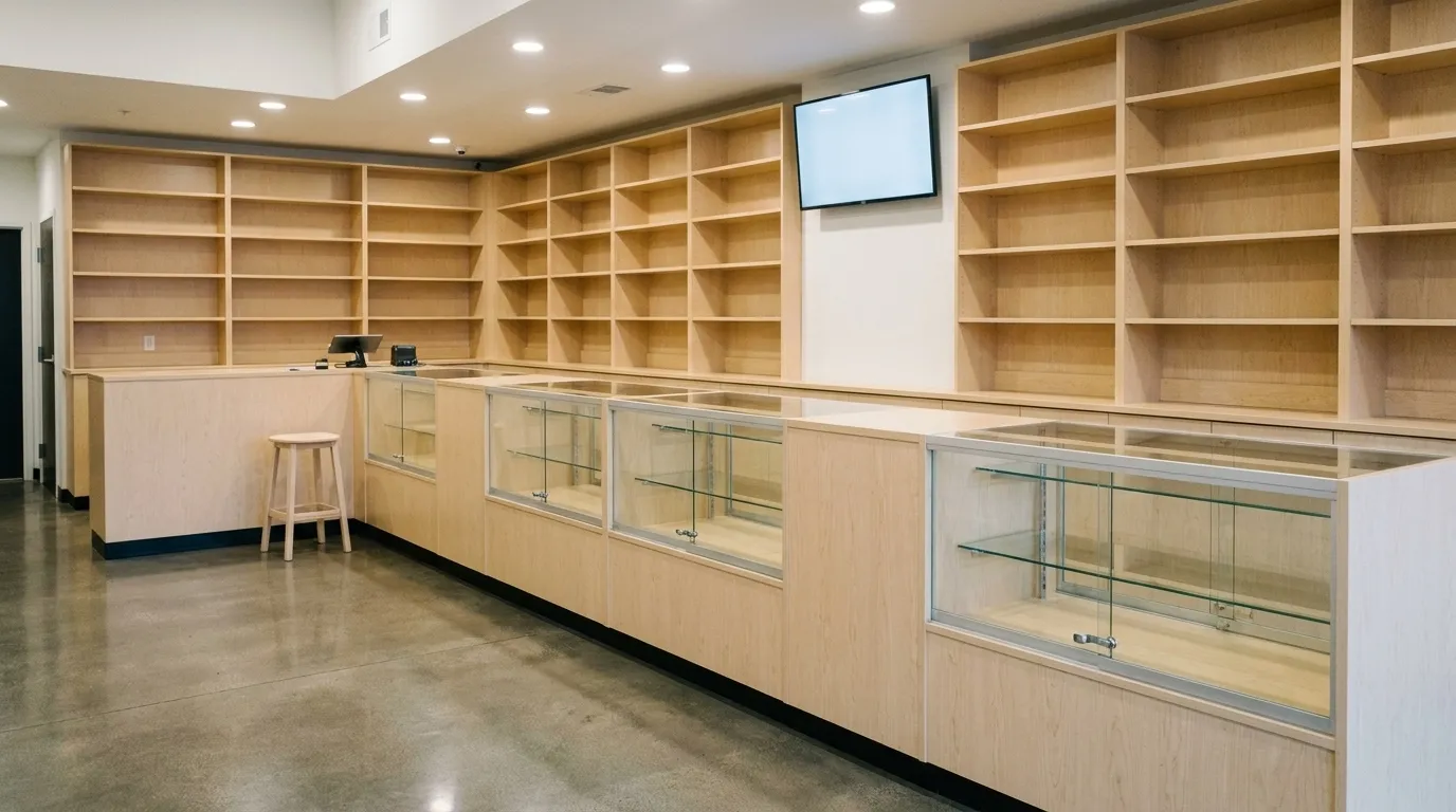 A small clean retail counter with glass display cases, a numbered ticket screen and pale wood shelving under bright even light